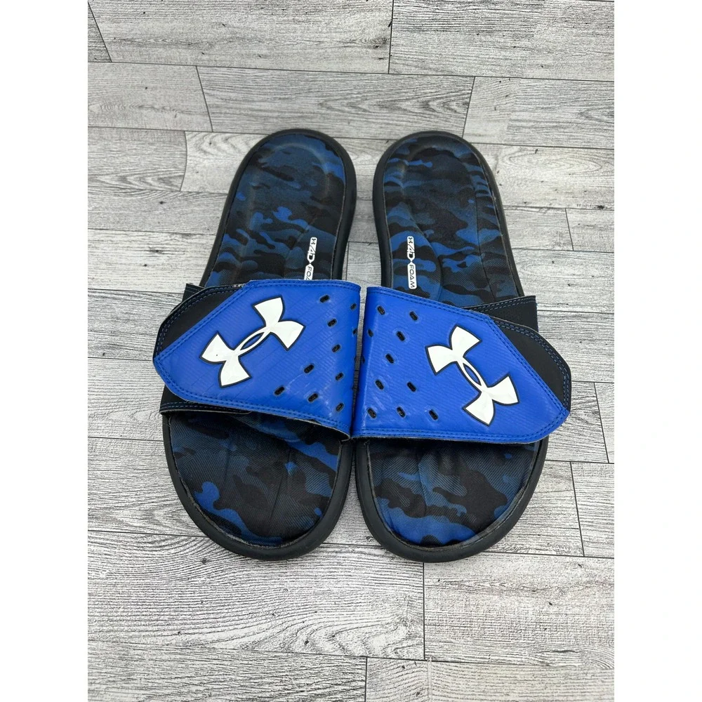 Under Armour Ignite Camo V Men Blue Black Slides Sandals 1266360-003 Size 13